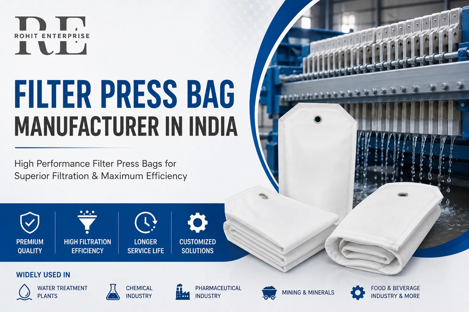 Filter Press Bag Manufacturer in India - Custom polypropylene and polyester filter press bags manufactured by Rohit Enterprises for chamber and membrane filter presses